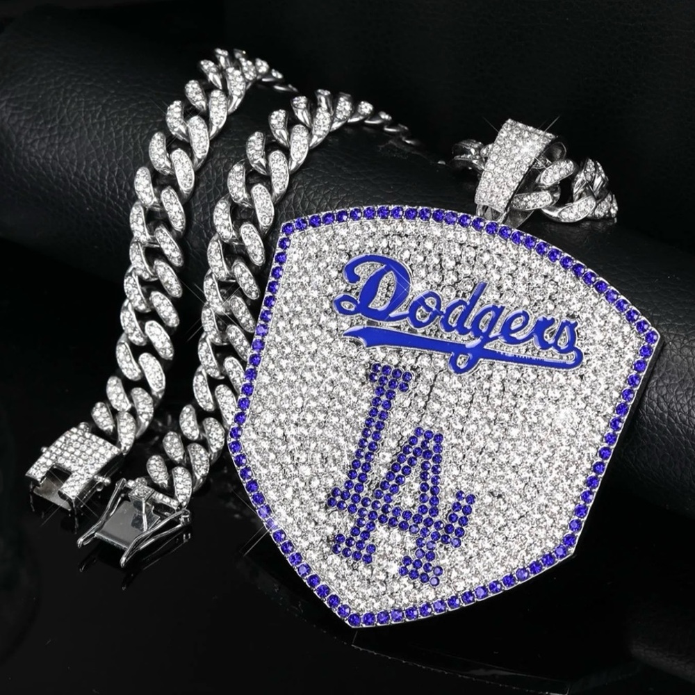 Iced Out Cuban Chain Rhinestone Large Pendant Necklace LA DODGERS MENS 20” Chain